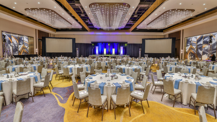large ballroom with tables and chairs
