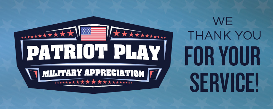 A NFL-like logo that reads "Patriot Play Military Appreciation." Next to that there is text that reads "We thank you for your service!"