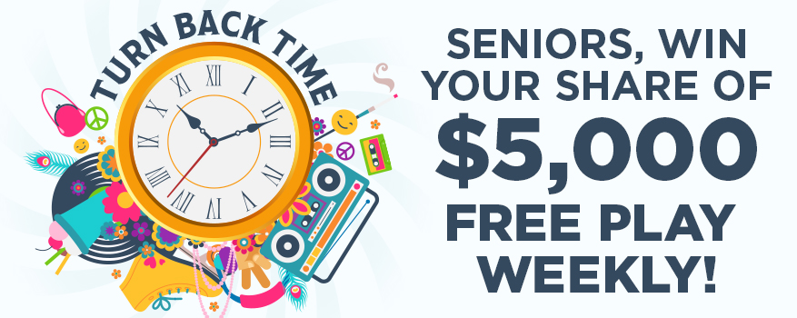 a vector image of an analogue clock with a border of featuring 70s art. Next to that is text that reads: "Seniors, win your share of $5,000 free play weekly!"