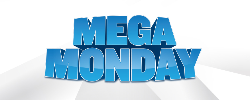 3d text reading "mega monday" in bold blue letters, displayed against a minimalist white background with soft shadows.