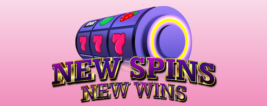 A set of 3 slot rollers that read "777" behind decorative text that reads "New Spins New Wins"