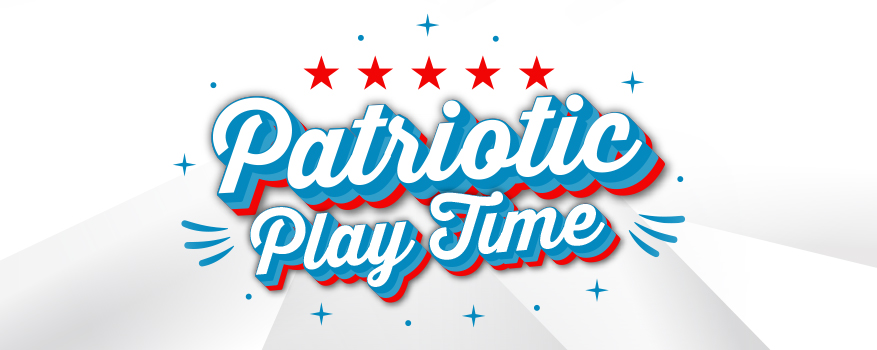 "Patriotic Play Time" in a decorative red, white, and blue font with 5 red stars above the text, surrounded by decorative stars on an abstract white and gray background