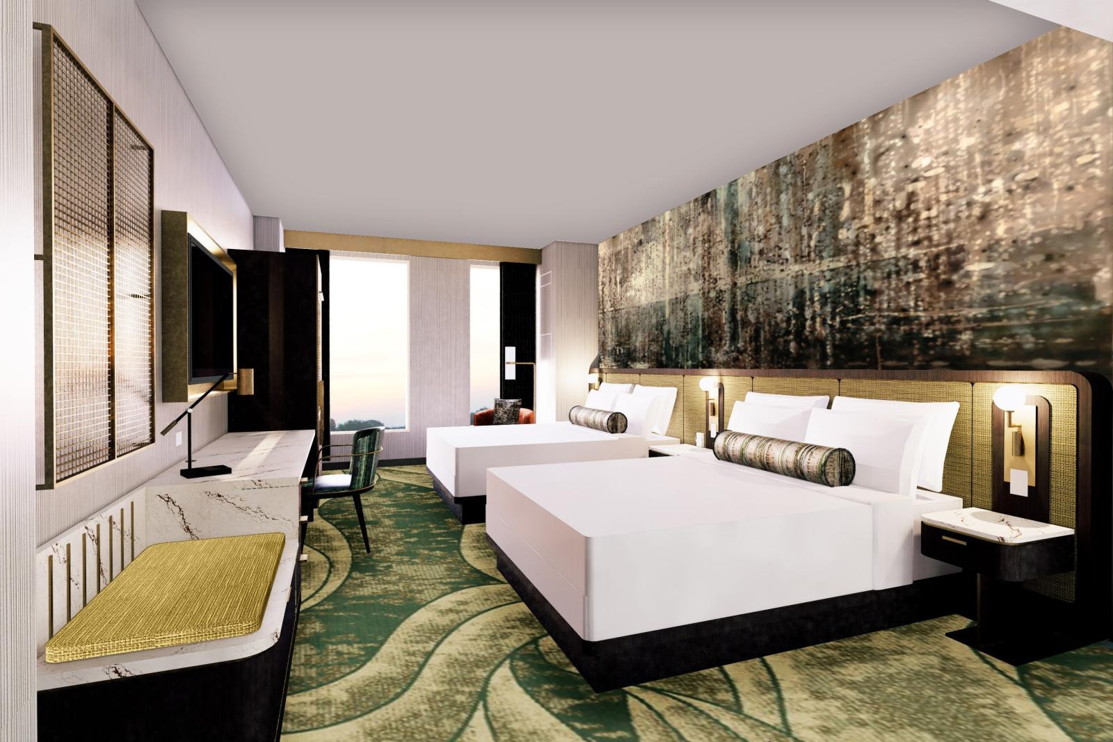 A double queen hotel room decorated in green and marble with a textured accent wall. 