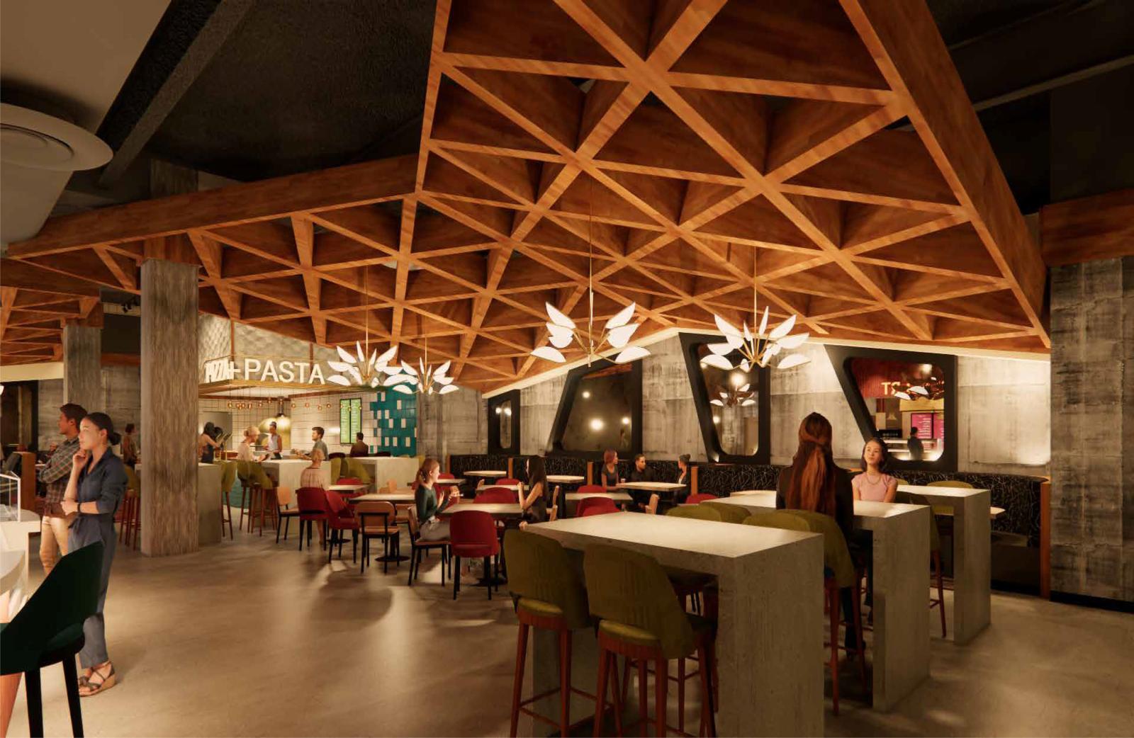 View of the food hall with multiple options for dining and seating and a geometric wood ceiling decoration