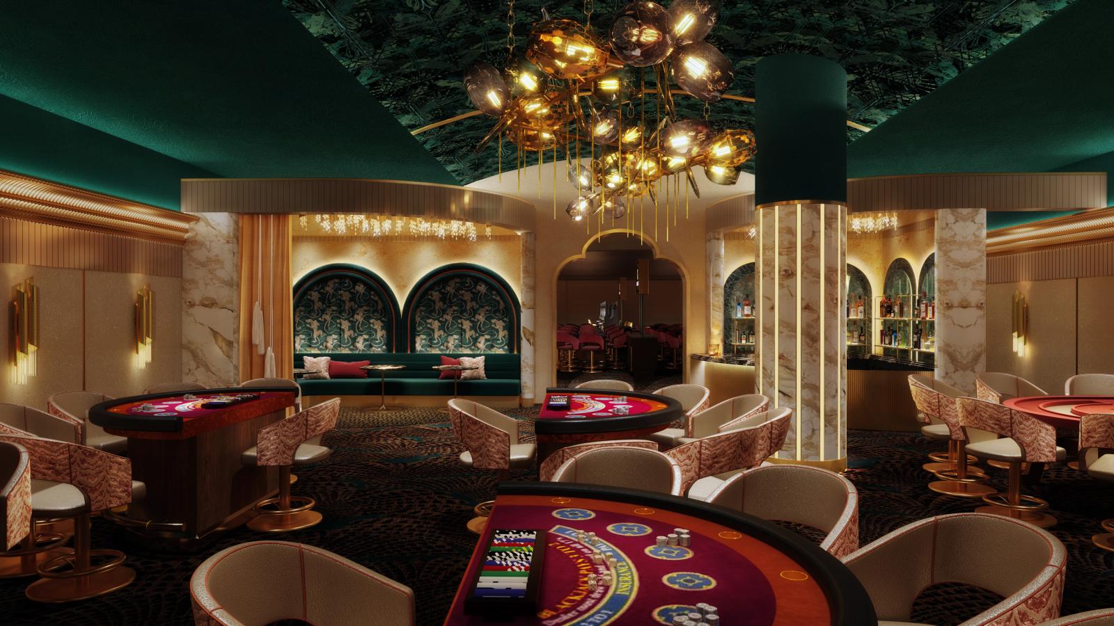 View of the poker area with a curtained lounge area, bar, unique lighting. 