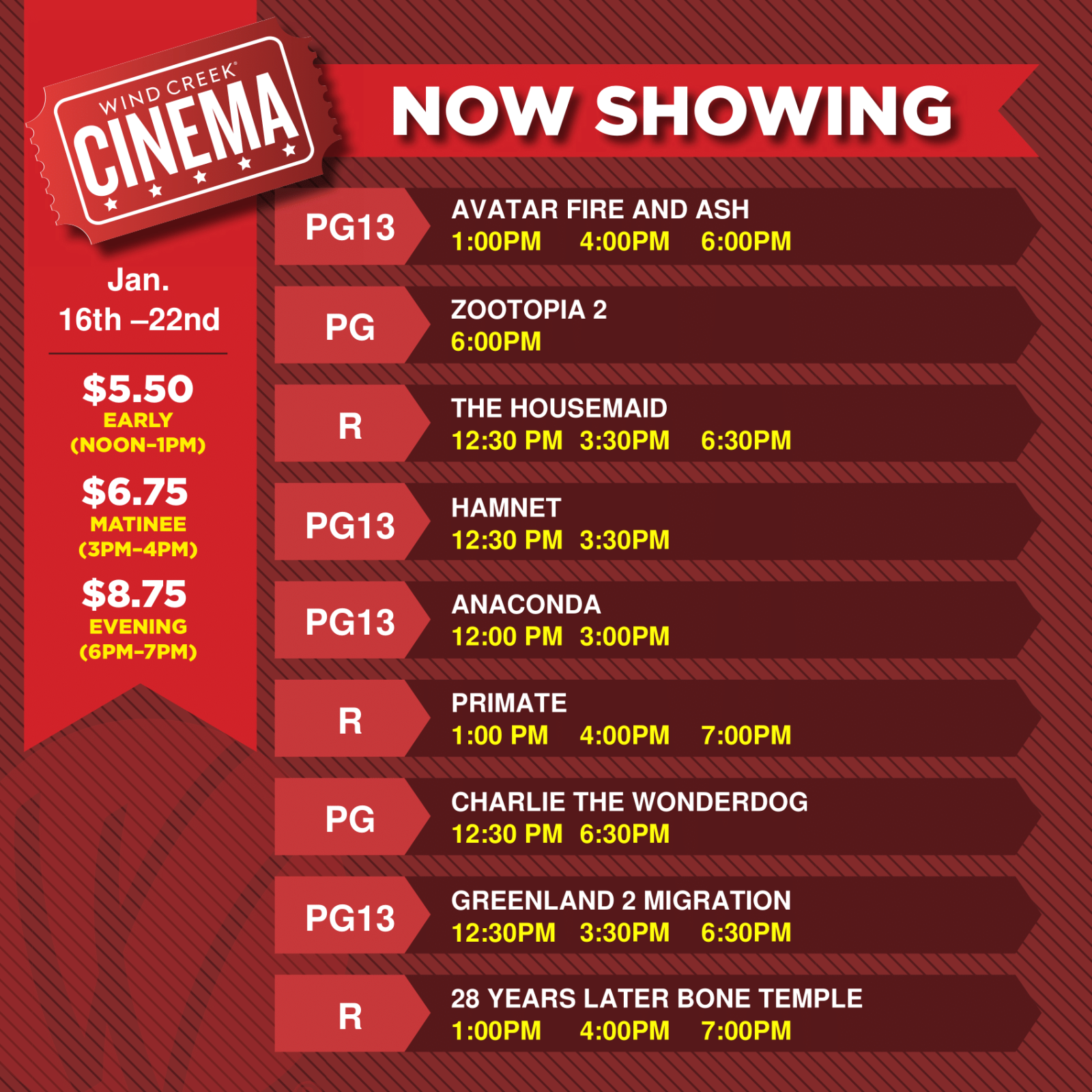 Cinema showtime Jan.16th to Jan.22 